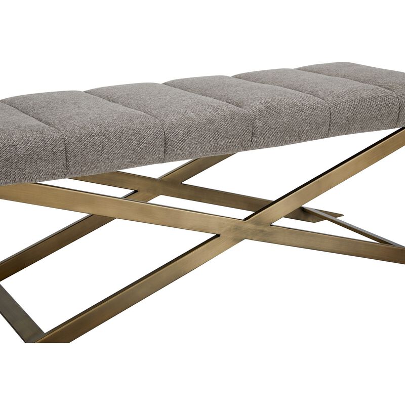 Cid Shia 47 Inch Accent Bench, Tufted Gray, X Shape Brushed Brass Legs - Benzara
