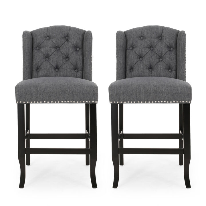 Seliva Counter Stool Chair Set of 2, Charcoal Gray, Tufted Back, Brown Wood - Benzara