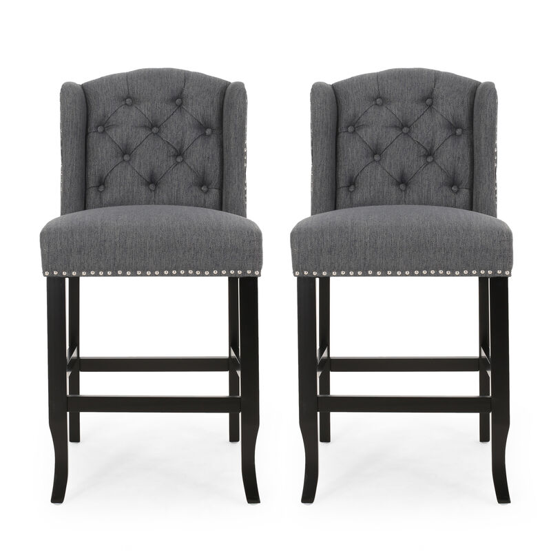 Seliva Counter Stool Chair Set of 2, Charcoal Gray, Tufted Back, Brown Wood - Benzara