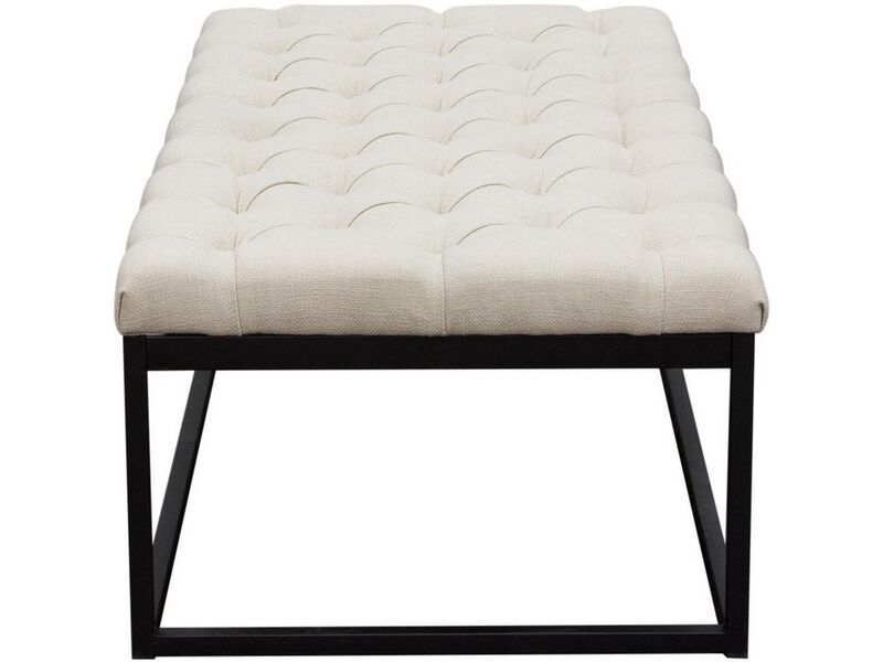 Linen Upholstered Button Tufted Bench with Open Metal Base, Large, Beige and Black - Benzara