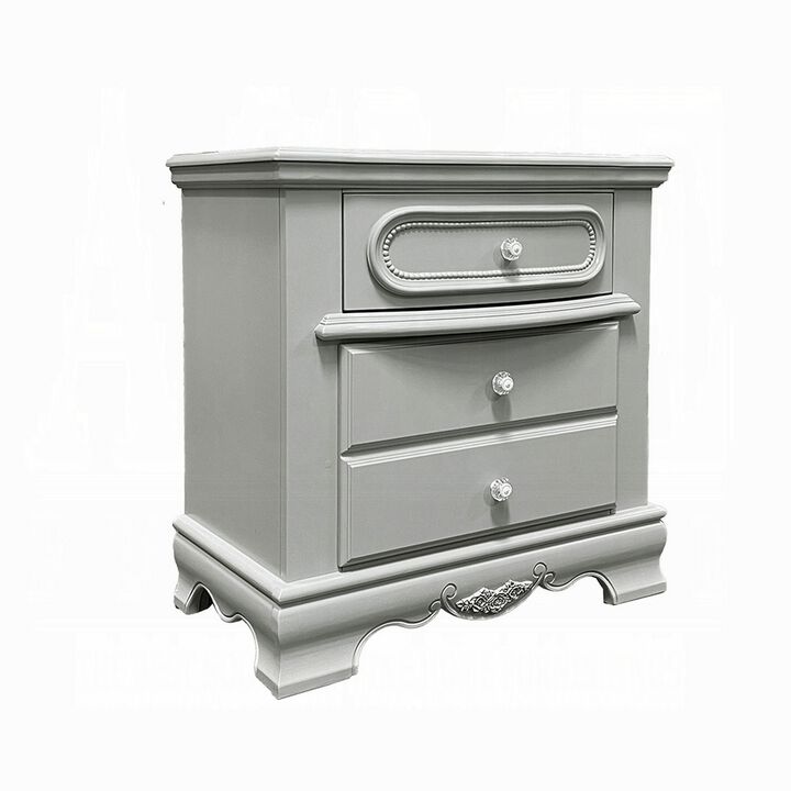 Auri Kids Nightstand, 3 Drawers and Scalloped Base, 27 Inch Gray Wood - Benzara