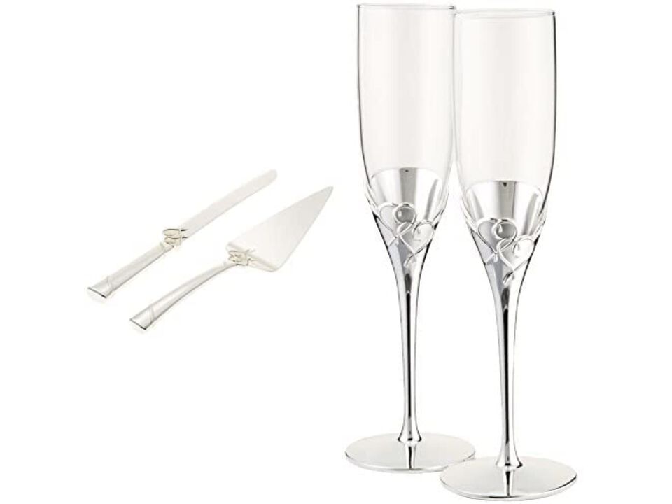 Lenox True Love Glass Flute Pair and True Love 2-Piece Dessert Set, Silver, Regular 13"