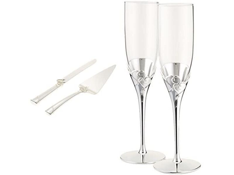 Lenox True Love Glass Flute Pair and True Love 2-Piece Dessert Set, Silver, Regular 13"