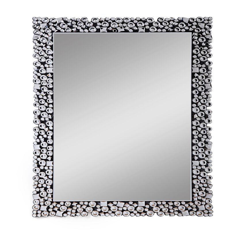 Wooden Backing Wall Decor with Faux Crystals Inlaid Border, Black and Clear-Benzara