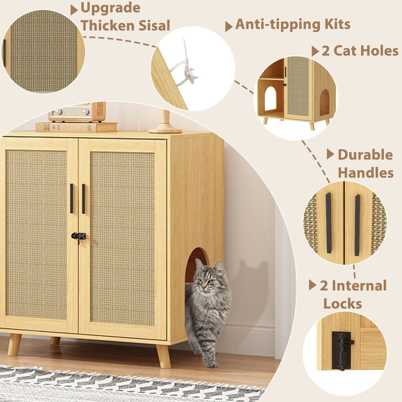 Cat Litter Box Enclosure with Lock Sisal Door, Modern Hidden Litter Box Furniture Cat Washroom Storage for Living Room