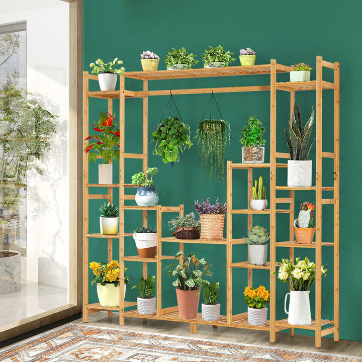 Natural 9-Tier Wicker Plant Stand with Hanging Rack