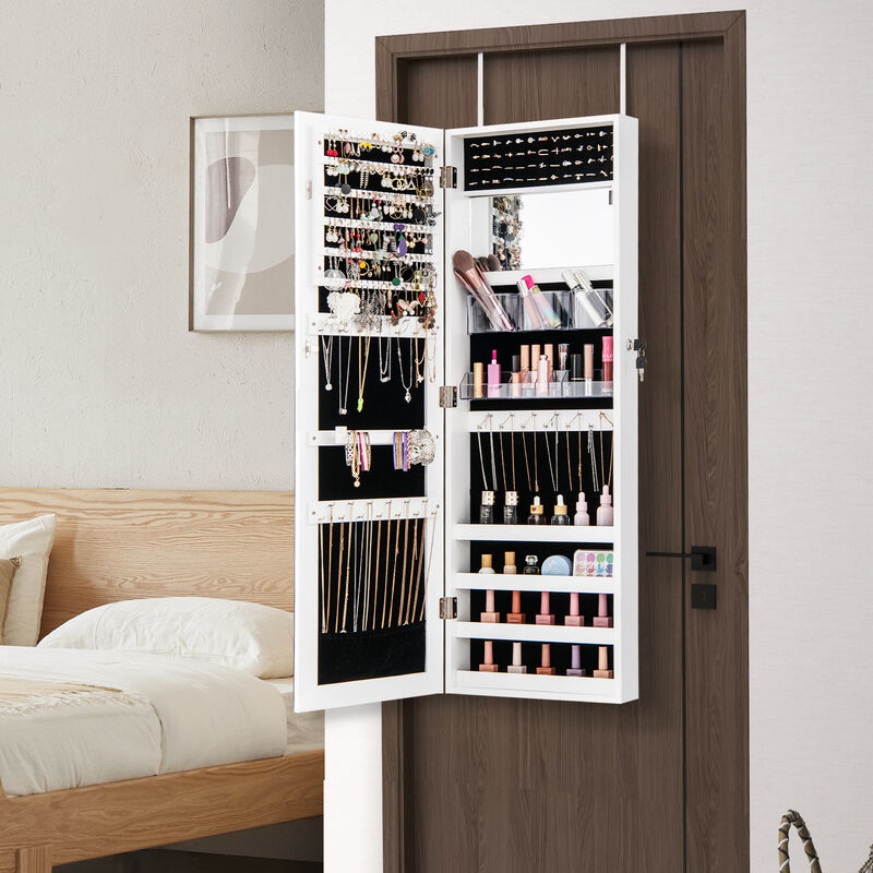 Jewelry Mirror Cabinet with Adjustable Hangers and Storage for Accessories