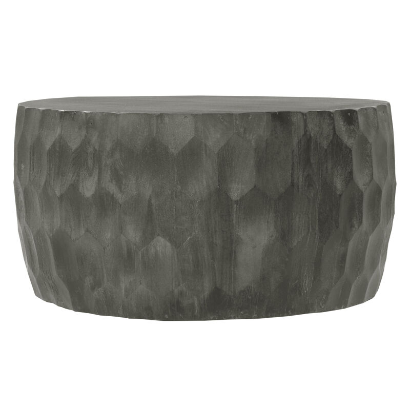 Val 34 Inch Handcrafted Mango Wood Coffee Table, Hammered Round Drum Shape, Honeycomb, Rustic Gray-Benzara