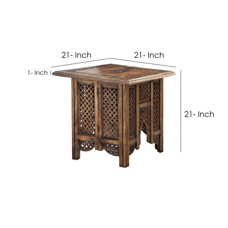21 Inch Boho Side End Table, Floral Carved Details, Foldable Panel Legs, Natural Walnut Brown - Benzara