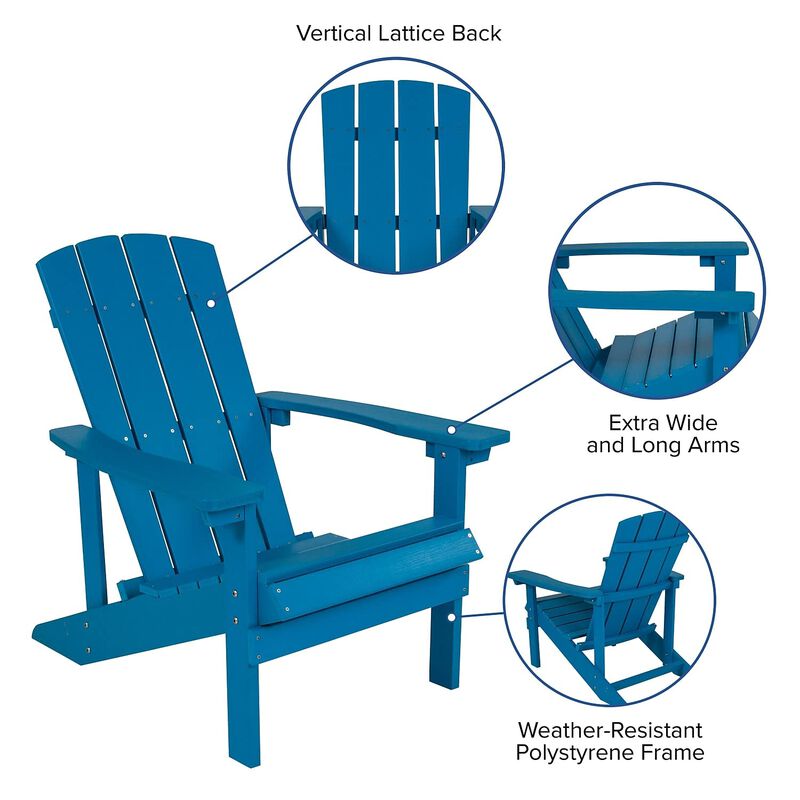 Flash Furniture 5 Piece Commercial Charlestown Adirondack Chair Set with Fire Pit - 4 Blue Poly Resin Wood Chairs - Star and Moon Fire Pit with Mesh Cover