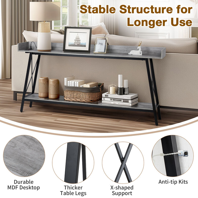 Extra Long Console Table Sofa Table with 2 Power Outlets & USB Ports for Charging & Storage