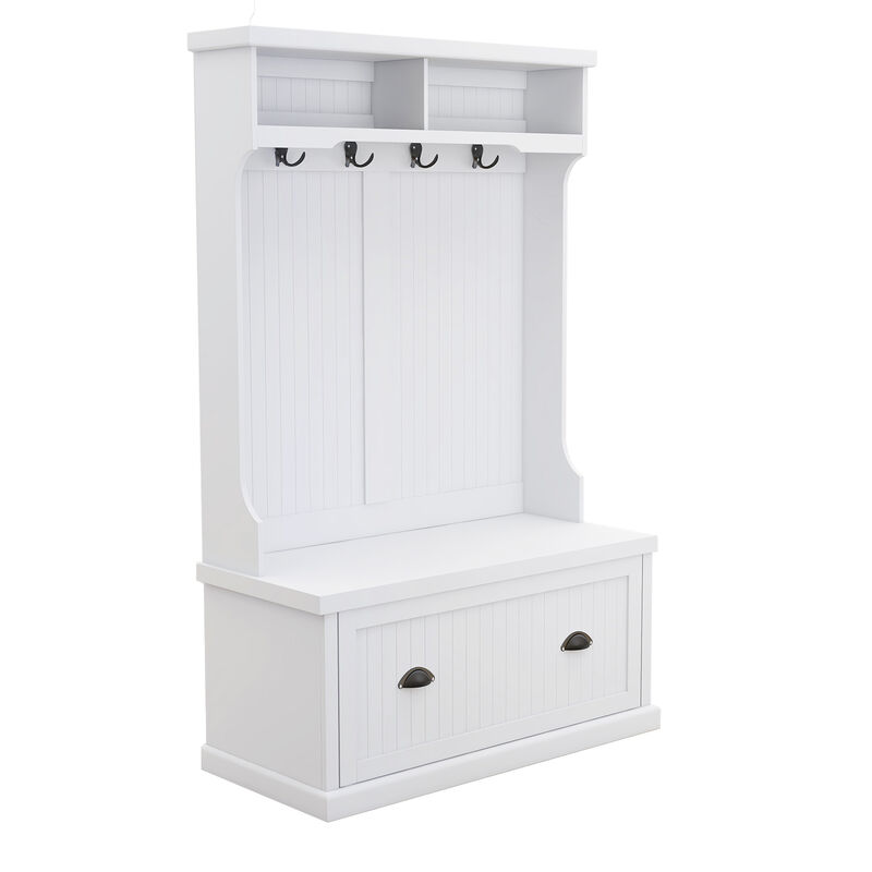 White Wood Hall Tree with Bench Shoe Cabinet