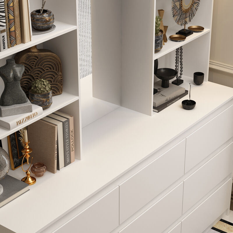FUFU&GAGA White Bookcase with Adjustable Shelves and Drawers, (63" W x 15.7" D x 78.5" H),White