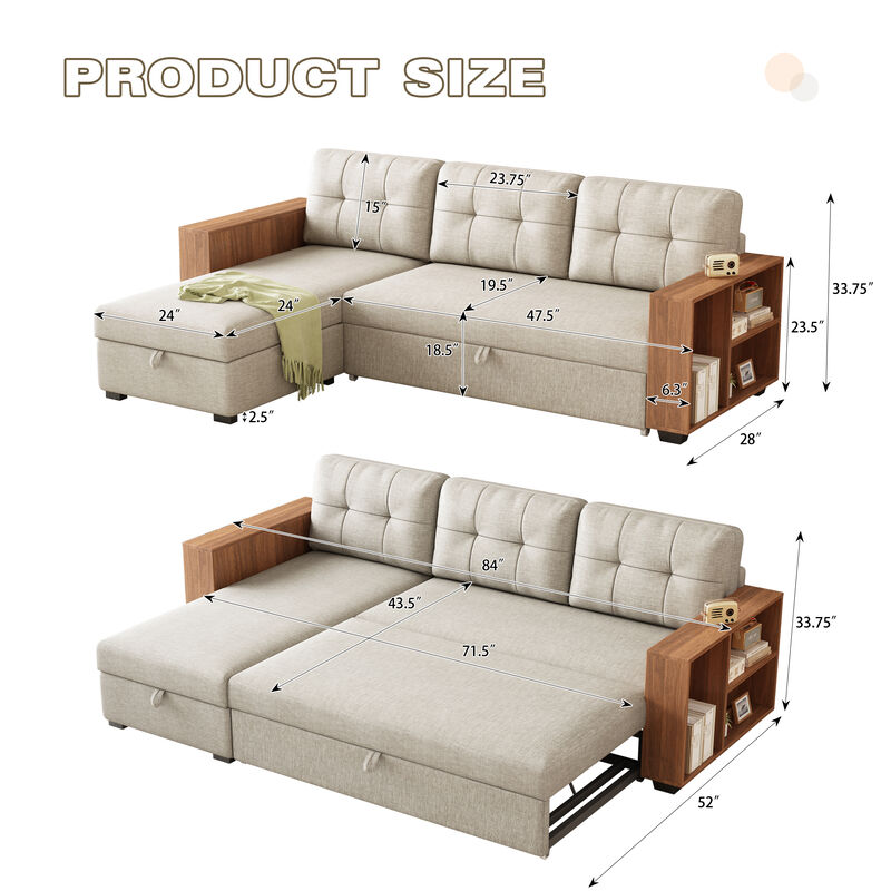 Merax Upholstered Pull Out Sectional Sofa with Storage Chaise