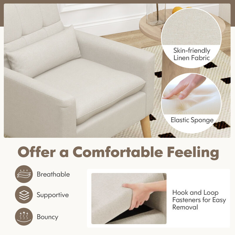 Accent Chair with Lumbar Pillow Natural Rubber Wood Legs Padded Cushions