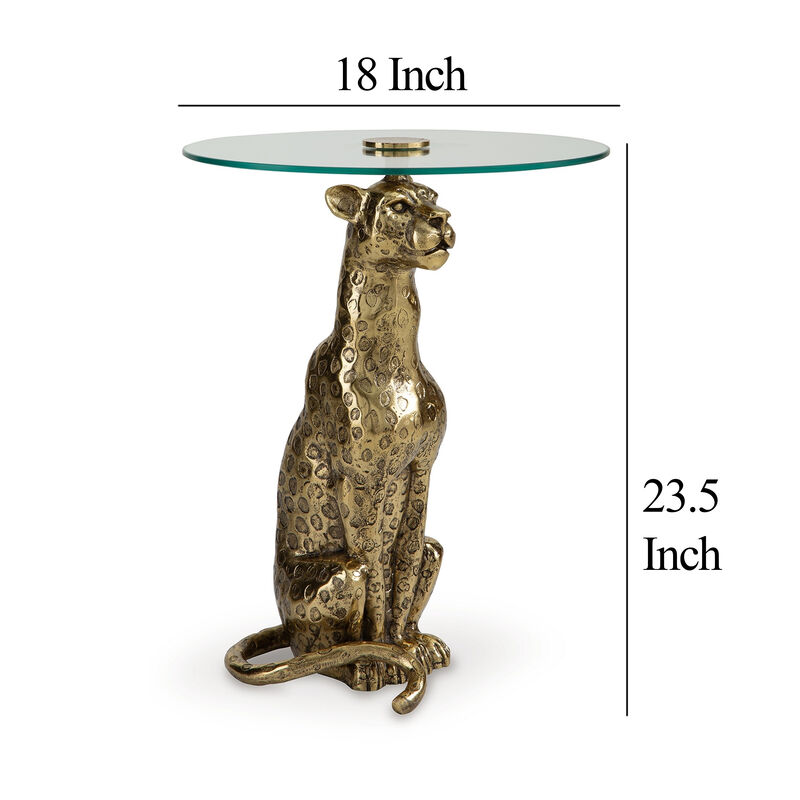 Accent Table, Gold Cast Metal Leopard Design, 18 Inch Glass Round Top - Benzara