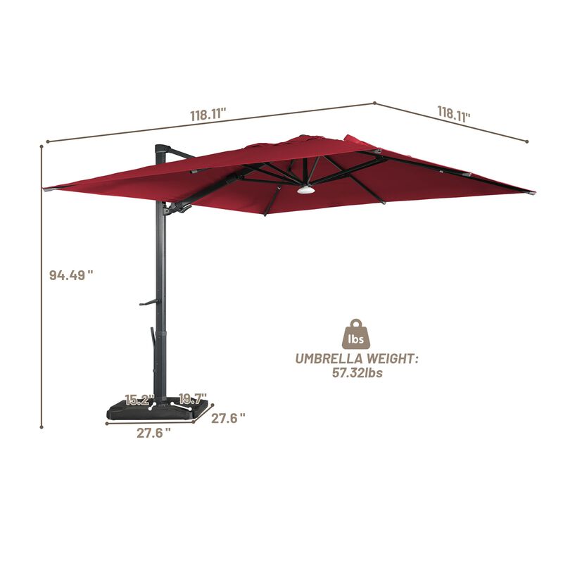 10 ft. 360° Rotation Square Cantilever Patio Umbrella with Base and BT in Red