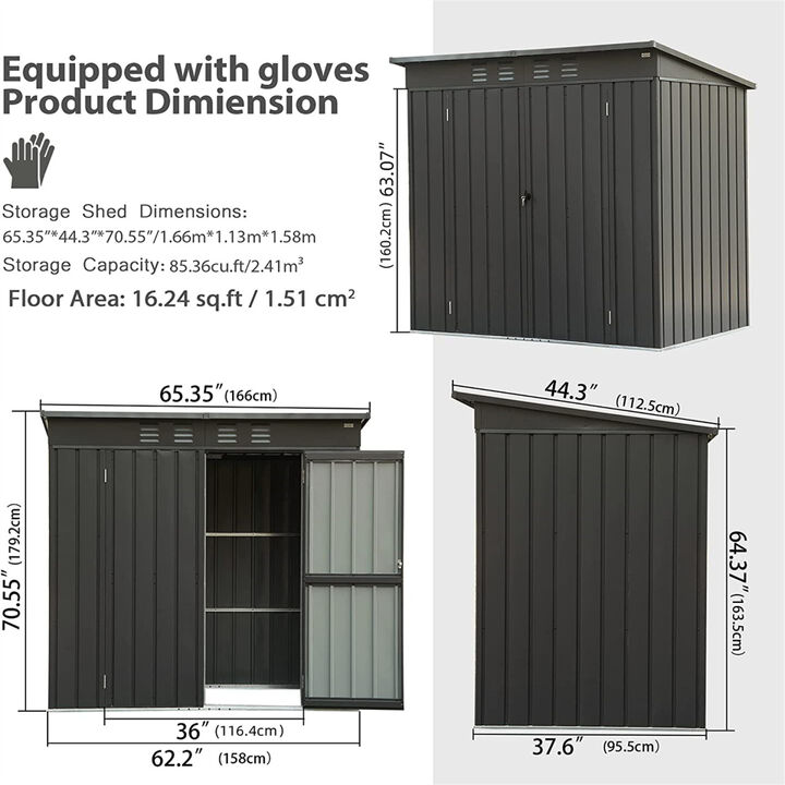 Metal Frame Garden Shed, Lockable Door, 5.45x3.69FT, Black