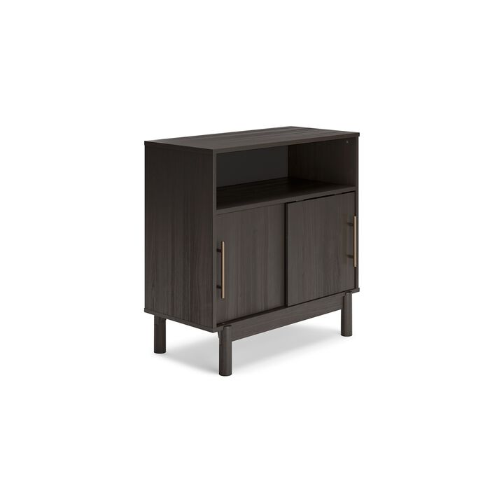 Cabie Accent Table, Sliding Doors and Open Top Shelf, Gray Wood, Gold - Benzara