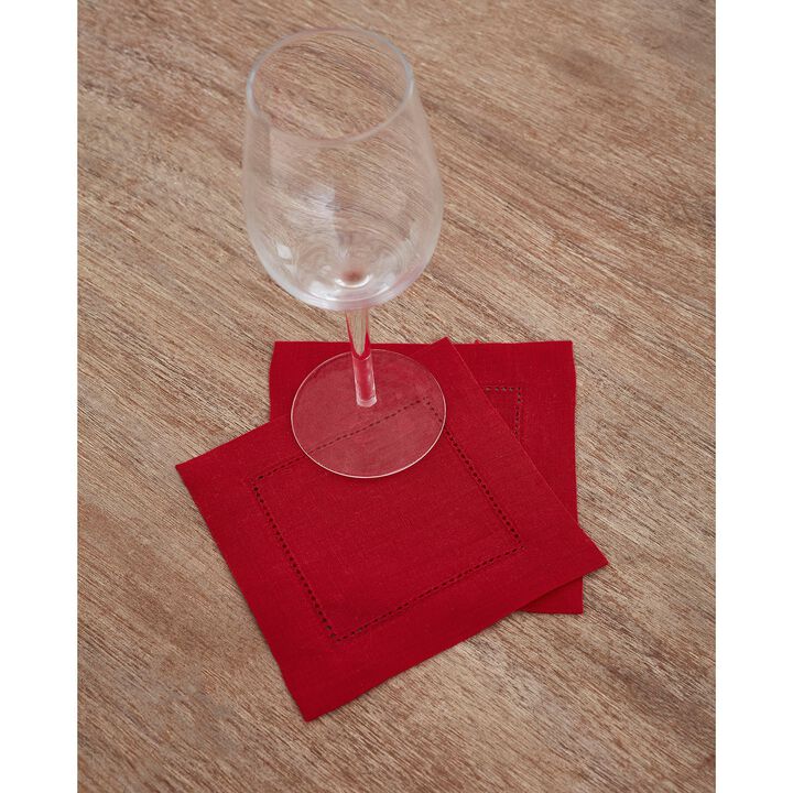 Solino Home 100% Pure Linen Cocktail Napkin 6 x 6 Inch Set of 12 | Classic Hemstitch