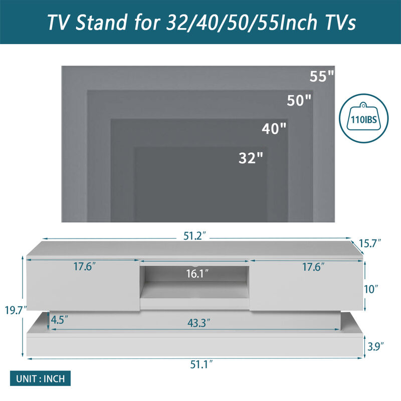 51.18inch Modern TV Stand with LED Lights, High Glossy Front TV Cabinet, can be assembled in Lounge Room, Living Room or Bedroom