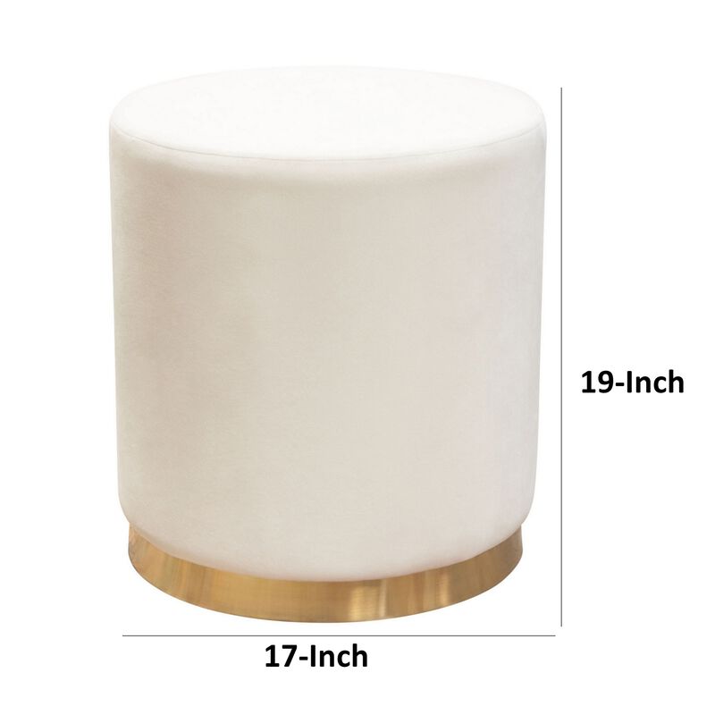 Himo 19 Inch Round Padded Ottoman, Gold Metal Base, Cream Velvet Upholstery - Benzara