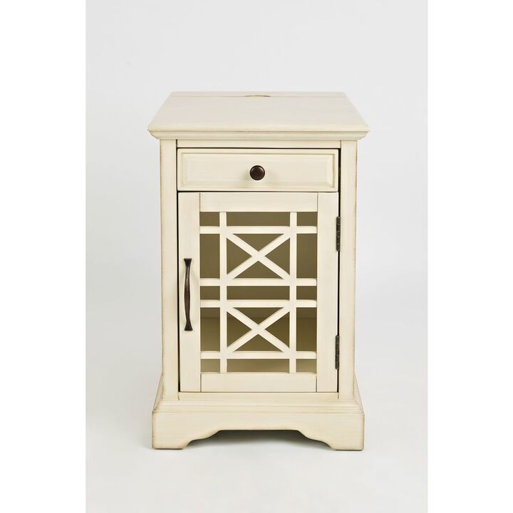 Craftsman USB Charging Station Chairside Wooden End Table Nightstand with Traditional Farmhouse Style with Glass Door and Storage, Antique Cream