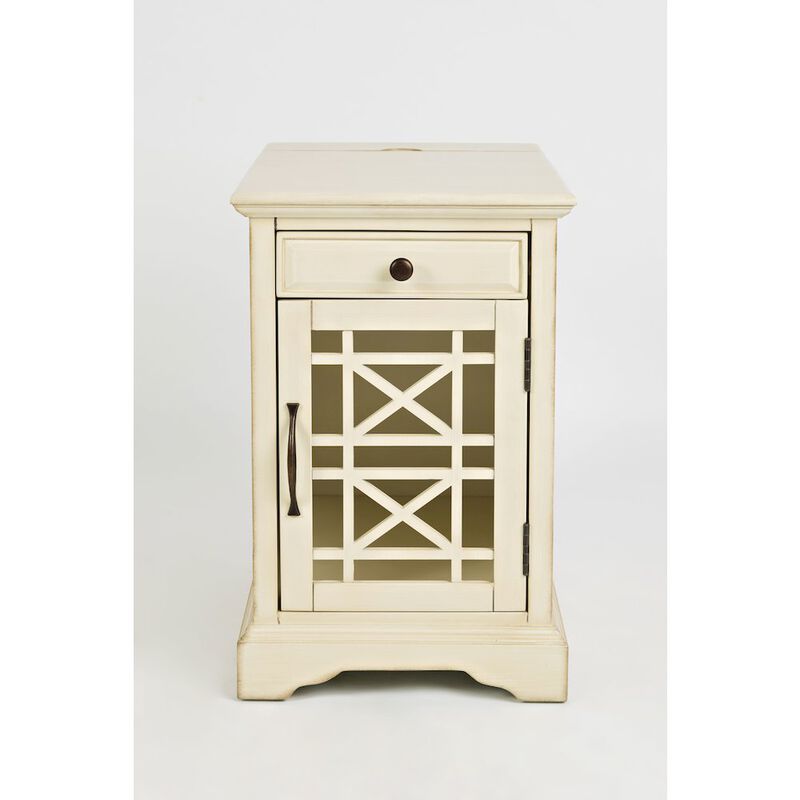 Craftsman USB Charging Station Chairside Wooden End Table Nightstand with Traditional Farmhouse Style with Glass Door and Storage, Antique Cream