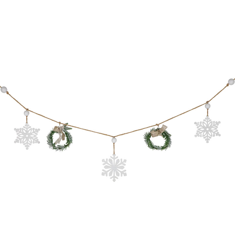 4.75" Snowflake and Frosted Pine Christmas Garland with Wooden Beads - Unlit