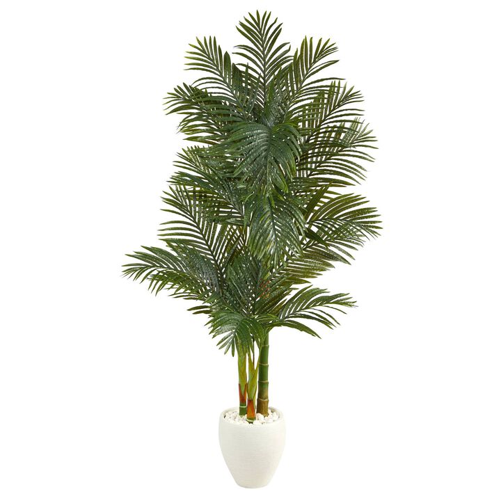 Nearly Natural 6-ft Golden Cane Artificial Palm Tree in  White Planter