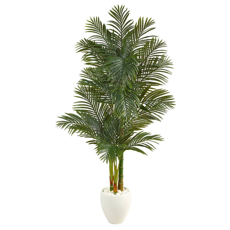 Nearly Natural 6-ft Golden Cane Artificial Palm Tree in  White Planter