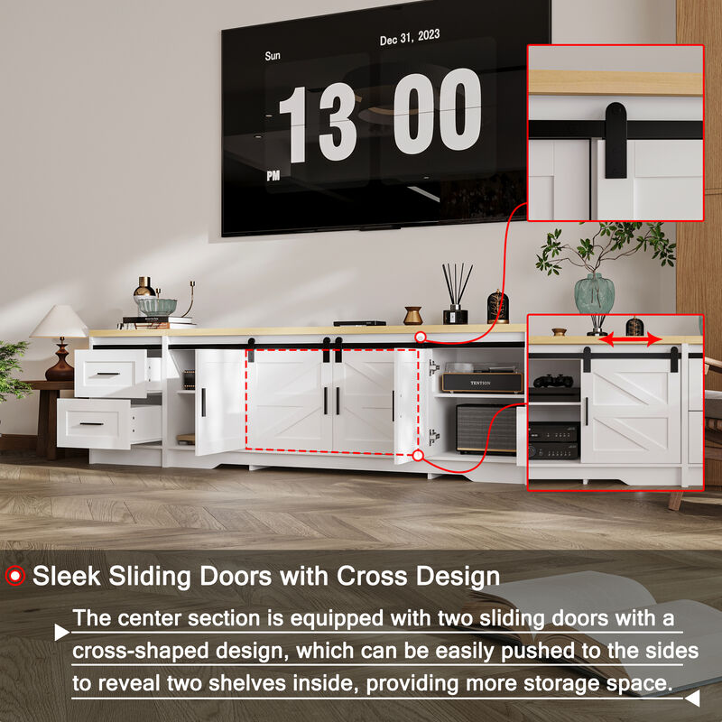 FUFU&GAGA Barn Door Style TV Cabinet with 4 Drawers and 2 Cabinets (94.5" W x 15.7" D x 23.6" H),White & Natural Wood