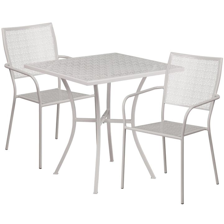 Flash Furniture Commercial Grade 28" Square Light Gray Indoor-Outdoor Steel Patio Table Set with 2 Square Back Chairs
