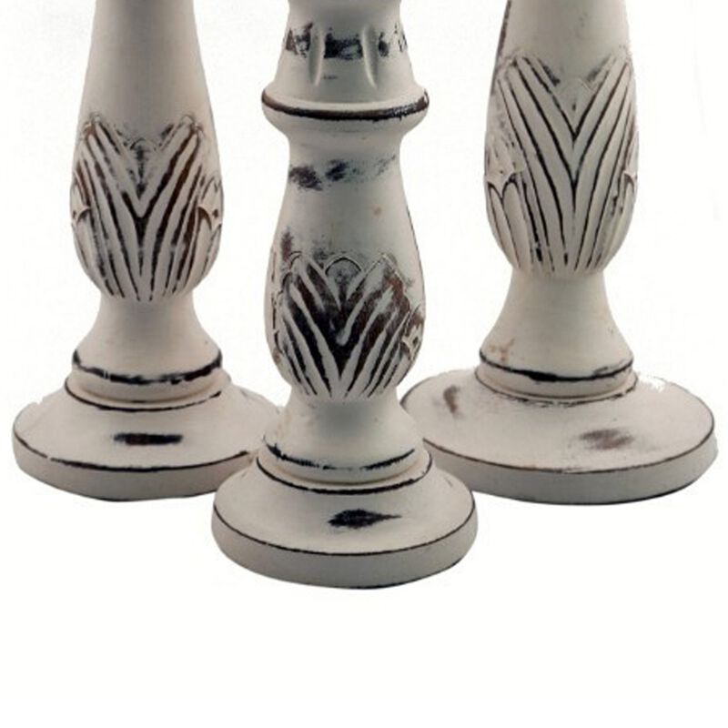 Benzara Distressed Mango Wood Pillar Shaped Candle holder, Set of 3, White-Benzara
