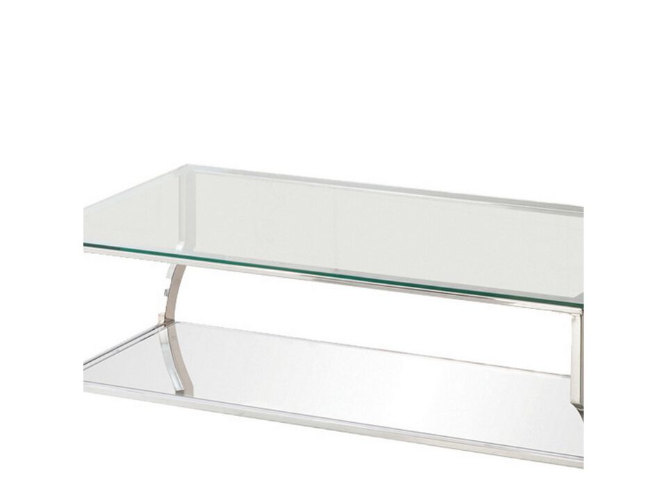 Glass Top Coffee Table with Metal Frame and Mirror Shelf, Chrome - Benzara