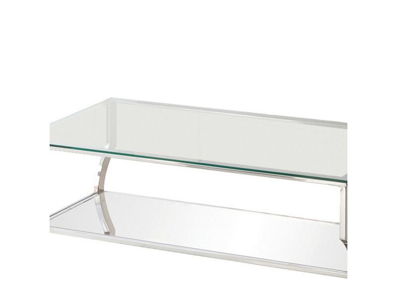 Glass Top Coffee Table with Metal Frame and Mirror Shelf, Chrome - Benzara