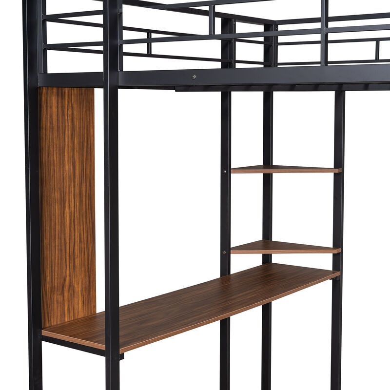 Merax Metal Loft Bed with 2 Shelves and 1 Desk