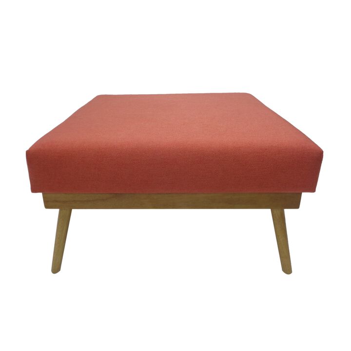 Square Ottoman with Splayed Rubberwood Legs, 33 Inch Coral Polyester - Benzara