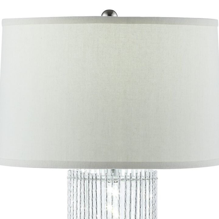 Jin 28 Inch Table Lamp, Gray Drum Fabric Shade, Modern Round Base, Silver-Benzara