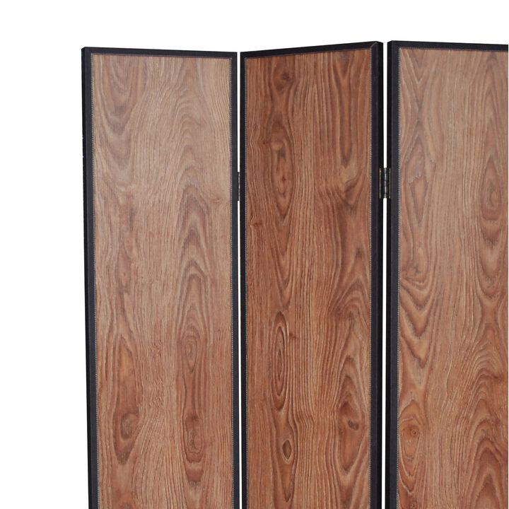 3 Panel Foldable Wooden Screen with Grain Details, Brown-Benzara