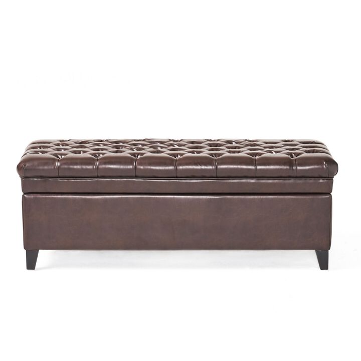 Rhya Storage Ottoman Bench, Brown Faux Leather, Black Wood, 50 Inch -Benzara