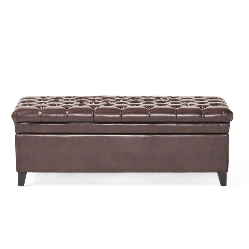 Rhya Storage Ottoman Bench, Brown Faux Leather, Black Wood, 50 Inch -Benzara