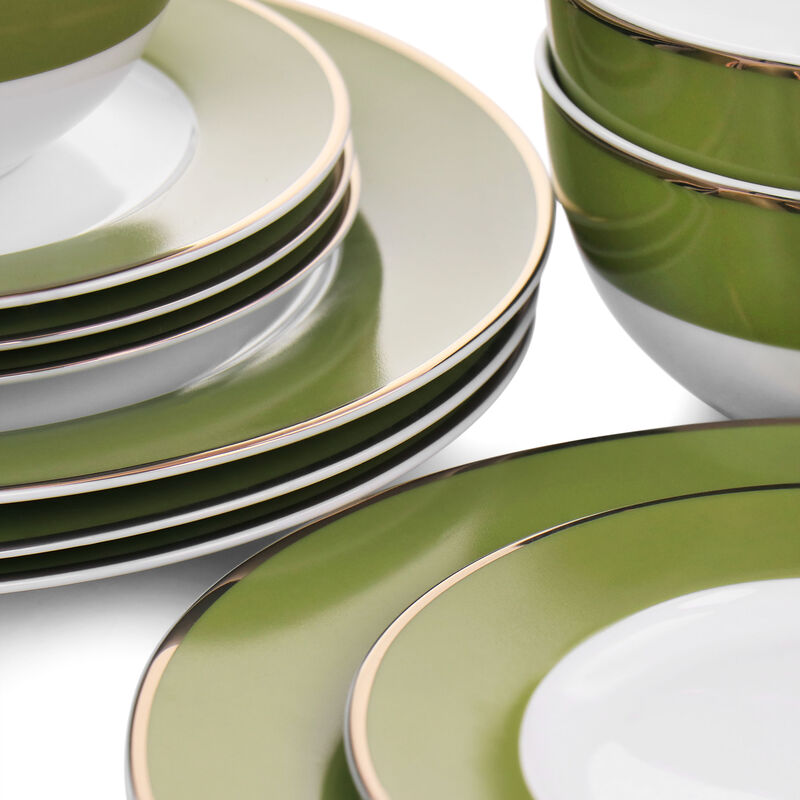Martha Stewart Gold Rimmed 12 Piece Fine Ceramic Dinnerware Set in Green