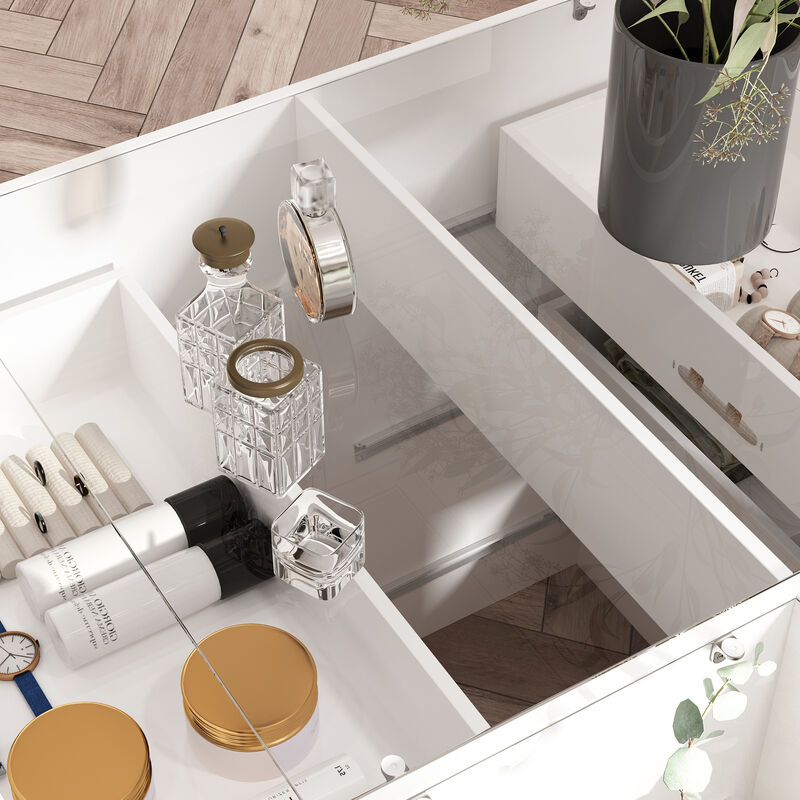 Armoire Bedroom Island Wardrobe Closet Island with 9 Drawers & Glass Tabletop, Island Dresser with Cushion Bench, Closet Island for Bedroom Cloakroom White (47.2”W x 27.5”W x 31.5”H)