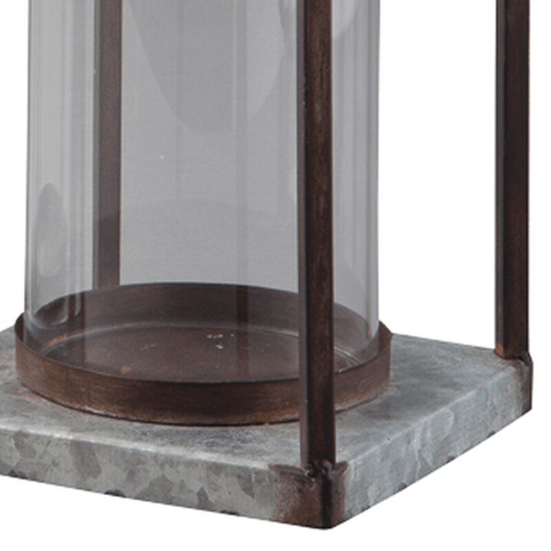 Geometric Lantern with Glass Hurricane, Set of 2, Black and Gray-Benzara