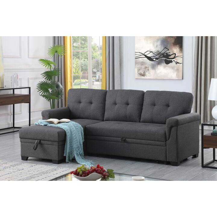 Lucca Dark Gray Linen Reversible Sleeper Sectional Sofa With Storage Chaise