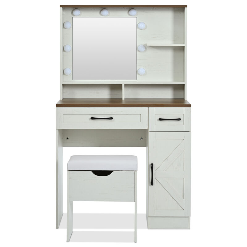 Merax Farmhouse Makeup Vanity Set with Mirror and Lights