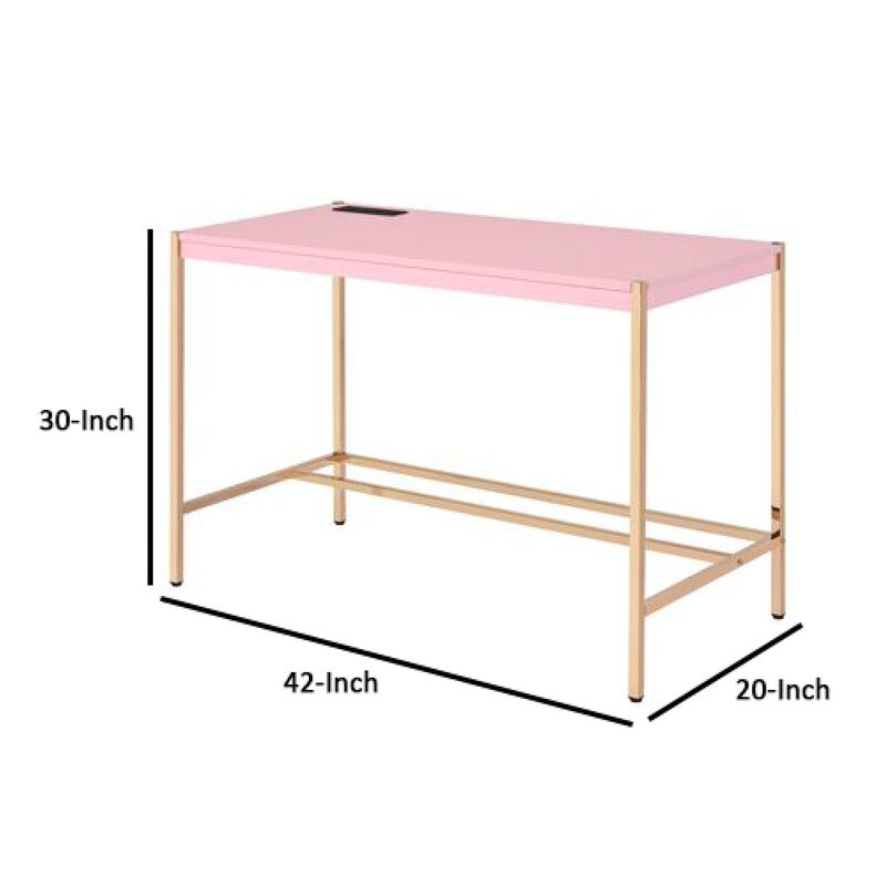 Writing Desk with USB Dock and Metal Legs, Pink and Rose Gold-Benzara