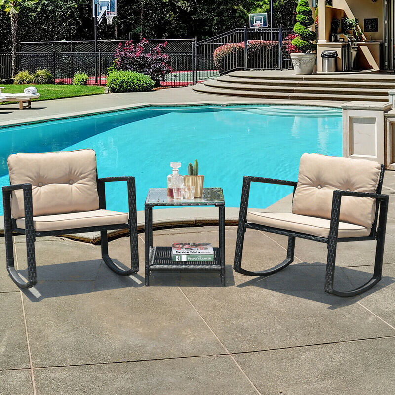 3 Pieces Cushioned Patio Rattan Set with Rocking Chair and Table