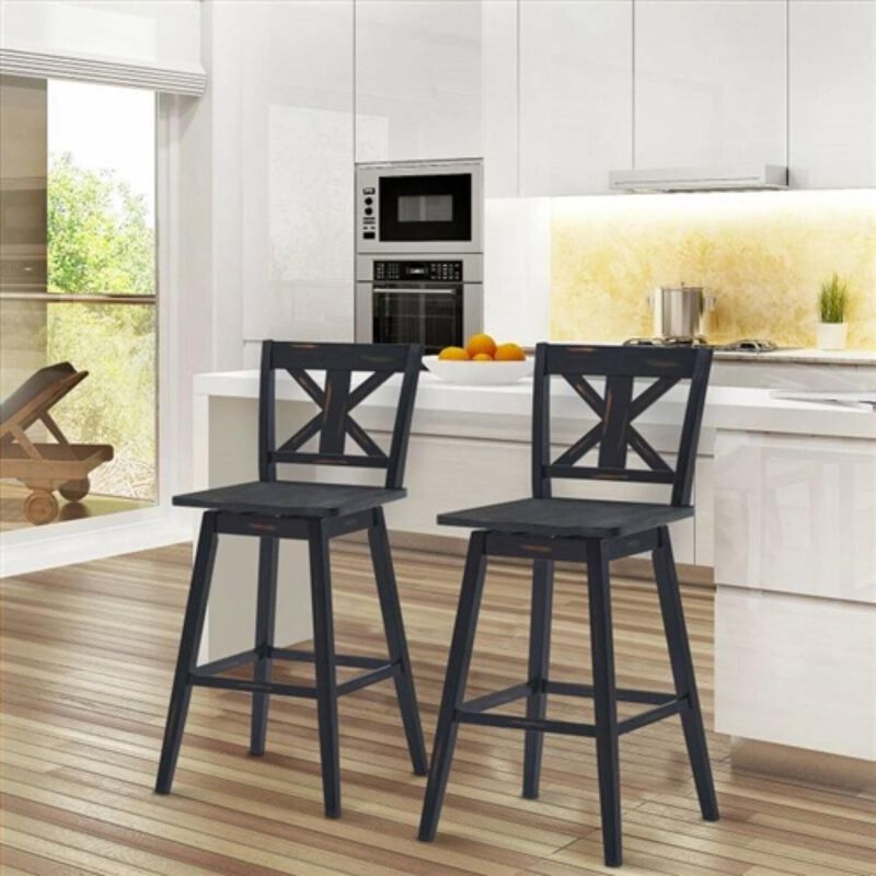 Hivvago Set of 2 Black Wood 29 in Modern Kitchen Dining Farmhouse Swivel Seat Barstools